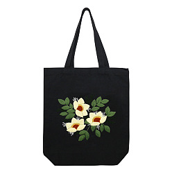 Floral White DIY Yulan Magnolia Pattern Black Canvas Tote Bag Embroidery Kit, including Embroidery Needles & Thread, Cotton Fabric, Plastic Embroidery Hoop, Floral White, 390x340x100mm