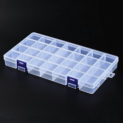 Clear Rectangle Polypropylene(PP) Bead Storage Containers, 28 Compartment Organizer Boxes, with Hinged Lid, for Jewelry Small Accessories, Clear, 25.2x13.5x2.8cm, Hole: 8mm, compartment: 34x32mm