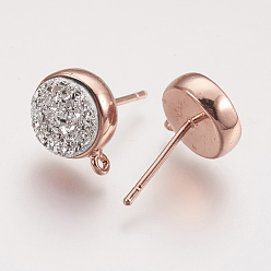 White Brass Ear Stud Findings, with Druzy Resin Cabochon and Loop, Flat Round, Rose Gold, White, 15.5x14.5mm, Hole: 1mm, Pin: 0.7mm