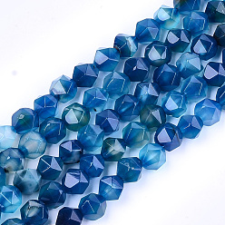 Azul Royal Ágata natural de hebras, teñido, facetados, cuentas redondas con corte de estrella, azul real, 9~10x9~10x9~10 mm, agujero: 1 mm, sobre 37 unidades / cadena, 14.5 pulgada