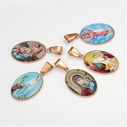 Mixed Color Virgin Mary Theme Glass Pendants, with 201 Stainless Steel Findings, Oval, Golden, Mixed Color, 29.5x18.5x5~6mm, Hole: 4x6mm
