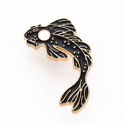 Black Rack Plating Alloy Enamel Brooches, Enamel Pins, with Brass Butterfly Clutches, Fish, Cadmium Free & Nickel Free & Lead Free, Light Gold, Black, 38.5x23mm, Pin: 1mm
