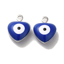 Blue 304 Stainless Steel Charms, with Enamel, Heart with Evil Eye Charm, Stainless Steel Color, Blue, 10.5x8x4mm, Hole: 1.2mm