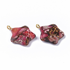 Hot Pink Assembled Synthetic Imperial Jasper and Bronzite Pendants, with Golden Tone Iron Loop, Dyed, Star, Hot Pink, 23~24x21x5mm, Hole: 2mm
