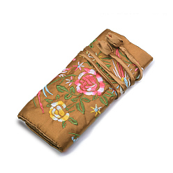 Chameau Pochettes en rouleau à fermeture éclair en soie rectangle rétro, sacs de rangement de bijoux de fleurs brodées avec corde à cordon, chameau, 20x9 cm, ouvert: 27x20 cm