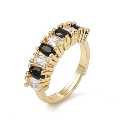 Black Rack Plating Brass Cubic Zirconia Cuff Rings for Women, Oval Long-Lasting Plated Open Ring, Lead Free & Cadmium Free, Real 18K Gold Plated, Black, 2.5~5.8mm, Inner Diameter: US Size 6 1/4(16.8mm)