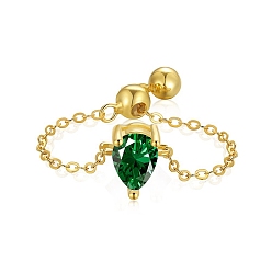 Verde 925 anillos de cadena rolo de plata esterlina, anillo de piedra de nacimiento, real 18 k chapado en oro, con lágrima de circonita cúbica para mujer, anillo deslizante ajustable, verde, 1.2 mm, tamaño de EE. UU. 7 (17.3 mm)