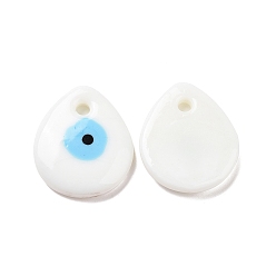 Blanc Pendentifs faits à la main lampwork evil eye, larme plat, blanc, 34x30x5mm, Trou: 4mm