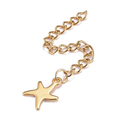 Golden 304 Stainless Steel Chain Extender, Curb Chain, with 202 Stainless Steel Charms, Starfish, Golden, 60~71mm, Link: 3.7x3x0.5mm, Starfish: 11x8.5x0.6mm