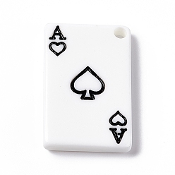 Blanc Pendentifs acryliques imprimés, rectangle avec breloque as de cœur, blanc, 26x16.7x3.3mm, Trou: 2.2mm