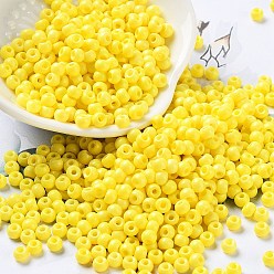 Amarillo Hornear bolas de semillas de vidrio de pintura, rondo, amarillo, 4x3 mm, agujero: 1.2 mm, sobre 7650 unidades / libra