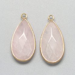 Pink Naturel a augmenté pendentifs en quartz, avec les accessoires en laiton de tonalité d'or, facette, larme, rose, 32.5~33x16x6mm, Trou: 2.5mm