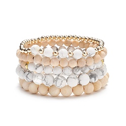 Bois 5pcs 5 style bois naturel & howlite ensemble de bracelets de perles rondes, bijoux en pierres précieuses pour hommes femmes, diamètre intérieur: 2-1/8~2-1/4 pouce (5.3~5.7 cm), 1 pc / style