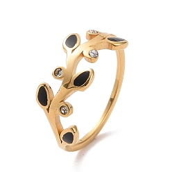 Oro Anillo de dedo de hoja de diamantes de imitación de cristal con esmalte, chapado de iones (ip) 304 joyas de acero inoxidable para mujer, dorado, tamaño de EE. UU. 6~9 (16.5~18.9 mm)
