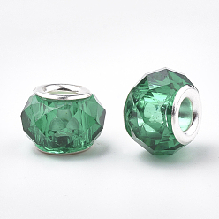 Vert De Mer Clair Perles Européennes acryliques, Perles avec un grand trou   , avec noyaux en laiton plaqué couleur argent, facette, rondelle, vert de mer clair, 13~14x9~10mm, Trou: 4.5mm