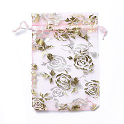 Pink Organza Drawstring Jewelry Pouches, Wedding Party Gift Bags, Rectangle with Gold Stamping Rose Pattern, Pink, 15x10x0.11cm