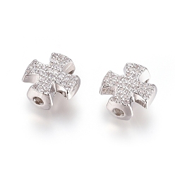 Real Platinum Plated Brass Micro Pave Cubic Zirconia Slide Charms, Long-Lasting Plated, Cross, for Religion, Clear, Real Platinum Plated, 11.5x11.5x6mm, Hole: 2mm