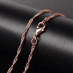 Rose Gold Brass Necklaces, Singapore Chains/Water Wave Chains, with Lobster Clasp, Rose Gold, 17.4 inch, 2mm
