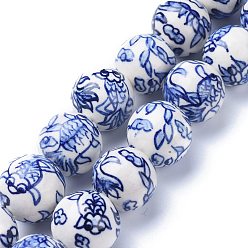 Royal Blue Handmade Blue and White Porcelain Beads Strands, Koi Fish, Round, Royal Blue, 19.5~20mm, Hole: 2mm, about 20pcs/Strand, 15.55 inch(39.5cm)