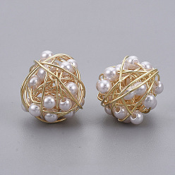 White Brass Wire Beads, with ABS Plastic Imitation Pearl, Nickel Free, Real 18K Gold Plated, White, 14x14.5x14.5mm