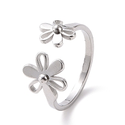 Stainless Steel Color 304 Stainless Steel Flower Open Cuff Ring for Women, Stainless Steel Color, US Size 7(17.3mm)