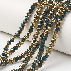 Dark Green Electroplate Opaque Glass Beads Strands, Half Golden Plated, Faceted, Rondelle, Dark Green, 2x1.5mm, Hole: 0.4mm, about 195pcs/strand, 11 inch(28cm)