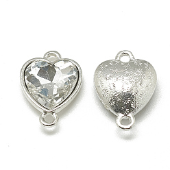 Clear Alloy Glass Links connectors, Faceted, Heart, Platinum, Clear, 19.5x14x6.5mm, Hole: 1.5mm