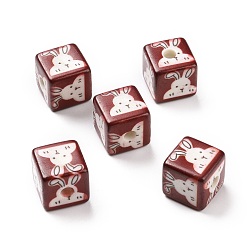 Dark Red Opaque Printed Acrylic Beads, Cube with Rabbit Pattern, Dark Red, 13.5x13.5x13.5mm, Hole: 3.8mm