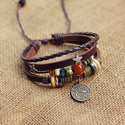 Pisces Constellation Alloy Charms & Carnelian Beaded Multi-strand Bracelet, PU Leather Braided 4 Layer Gothic Bracelet for Men Women, Pisces, 7-1/8~9-7/8 inch(18~25cm)