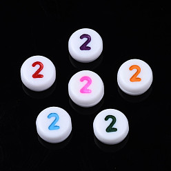 Number Perles acryliques opaques blanches, rond plat avec numéro de couleur mixte, num. 2, 7x3.5mm, Trou: 1.2mm, environ3800 pcs / 500 g