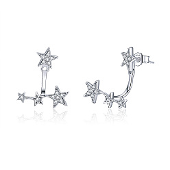 Platinum Rhodium Plated 925 Sterling Silver Ear Studs, with Micro Pave Cubic Zirconia, Star, Platinum, 19x15mm