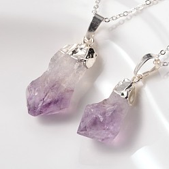 Amethyst Natural Raw Rough Gemstone Pendant Necklaces, with Brass Chains and Spring Ring Clasps, Amethyst, 18 inch