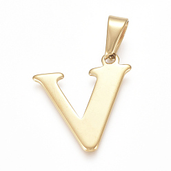 Letter V 304 Stainless Steel Pendants, Golden, Initial Letter.V, 26x24x1.5mm, Hole: 3x9.5mm