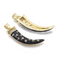 Black Brass Micro Pave Cubic Zirconia Pendants, with Enamel and Brass Snap on Bails, Scabbard/Tusk, Real 18K Gold Plated, Black, 28x9x5mm, Hole: 3x5mm