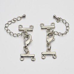 Platinum Brass Chain Extenders, Necklace Layering Clasps, with 2 Strands 4-Hole Ends and Lobster Claw Clasps, Platinum, 41mm, Hole: 1.5mm
