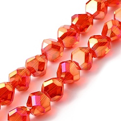 Orange Red Transparent Electroplate Glass Beads Strands, Faceted, Triangle, Orange Red, 8~9x8.5~9x8.5~9mm, Hole: 1.5mm, about 50pcs/strand, 16.69''(42.4cm)