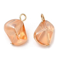PeachPuff Glass Pendants, with Golden Brass Loops, Polygon Charms, PeachPuff, 19~20x16.5x11.5~12mm, Hole: 2~2.2mm