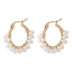 Blanco Aretes de aro con cuentas y perlas de concha, joyería de envoltura de alambre de latón dorado para mujer, blanco, 24x26x2 mm, pin: 0.7 mm