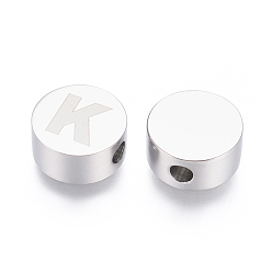 Letter K 304 billes d'acier inoxydable, plat rond avec la lettre, letter.k, 10x4.5mm, Trou: 2mm