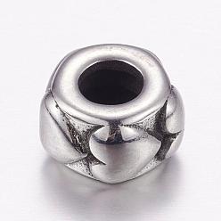 Antique Silver 304 Stainless Steel European Beads, Large Hole Beads, Column with Heart, Antique Silver, 10x6mm, Hole: 5mm