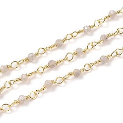 Labradorite Chaînes de perles faites à la main labradorite naturelle, avec les accessoires en laiton, or, non soudée, ronde, facette, avec bobine, 12x1~1.25mm, perle: 2.5 mm, environ 32.8 pieds (10 m)/rouleau
