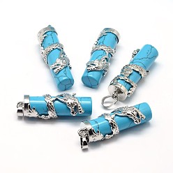 Synthetic Turquoise Column with Dragon Platinum Plated Brass Synthetic Turquoise Pendants, Cadmium Free & Lead Free, 40~42x13mm, Hole: 5x8mm