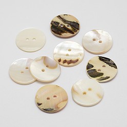 Coquillage De Mer 2 trous boutons de nacre de plat rond, couleur de coquillage, 23x2.5mm, Trou: 2mm