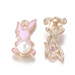 Pink Alloy Enamel Pendants, with Glass Imitation Pearl, Rabbit, Golden, Pink, 25x18x8.5mm, Hole: 2.5mm