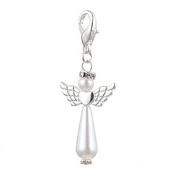 Silver Acrylic Imitation Pearl Pendant Decorations, with Alloy Findings, Angel, Silver, 54.5mm