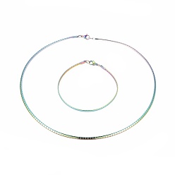 Rainbow Color 304 Stainless Steel Choker Necklaces and Bangles Jewelry Sets, with Lobster Claw Clasps, Rainbow Color, 7-7/8 inch(20.1cm), 17.6 inch(45cm), 3mm