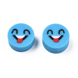 Deep Sky Blue Handmade Polymer Clay Beads, Flat Round with Expression, Deep Sky Blue, 9~10x4~5mm, Hole: 1.6mm