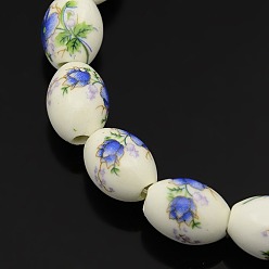 Royal Blue Handmade Flower Printed Porcelain Oval Beads Strands, Royal Blue, 16x11mm, Hole: 3mm, about 23pcs/strand, 14 inch