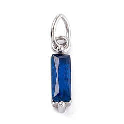 Marine Blue 304 Stainless Steel Cubic Zirconia Pendants, Rectangle, Stainless Steel Color, Marine Blue, 17x4x4mm, Hole: 5mm