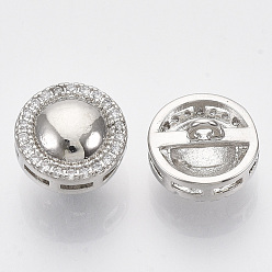 Platinum Brass Shank Buttons, with Micro Pave Cubic Zirconia, Flat Round, Clear, Platinum, 11x7.5mm, Hole: 1.4mm